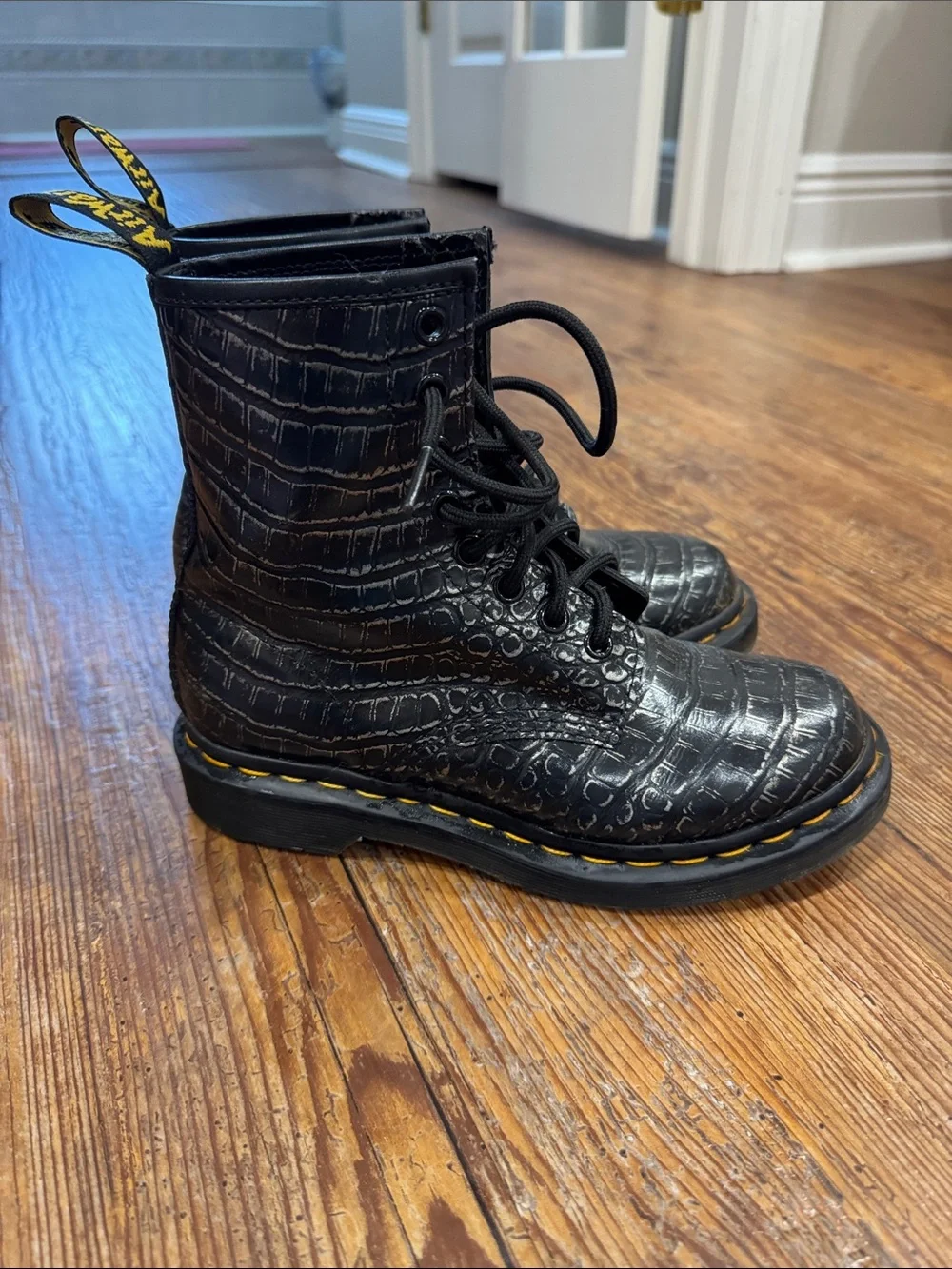 Dr. Martens Black Croc-Embossed Lace-Up Boots with Yellow Stitching
